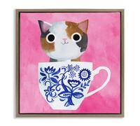 Stupell Industries Whimsical Teacup Kitten Brown Framed Floater Canvas Wall Art design by Planet Cat by Angie Rozelaar, 18 x 18