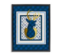Stupell Industries Winter Plaid Deer Gold Detail Black Framed Floater Canvas Wall Art design by Jilly Jack Designs, 31 x 25