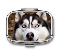Stupid Husky Dog pilldispenser with Mirror 2 Compartments Waterproof PillCase for Purse Pocket Non-Slip Grip Travel Medicine Organizer Container Box for Vitamin Fish Oil Supplement