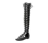 STUPMARY Women Peep Toe Lace Up Sandals Cut-outs Cross-tied Flat Heel Gladiator Sandals Zipper Over The Knee Bootie Summer, Black Flat Heel, 3 UK