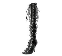 STUPMARY Women Peep Toe Sandals Cut-outs Cross-tied Lace Up High Heeled Gladiator Sandals Zipper Over The Knee Bootie Summer, Black, 6.5 UK