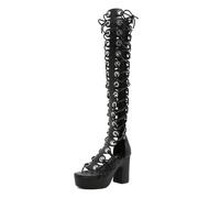 STUPMARY Women Peep Toe Sandals Cut-outs Cross-tied Lace Up High Heeled Gladiator Sandals Zipper Over The Knee Bootie Summer, Black Chunky Heel, 3 UK