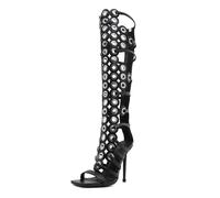 STUPMARY Women Peep Toe Sandals Cut-outs Cross-tied Lace Up High Heeled Gladiator Sandals Zipper Over The Knee Bootie Summer, Black Ring, 2 UK