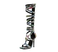 STUPMARY Women Peep Toe Sandals Cut-outs Cross-tied Lace Up High Heeled Gladiator Sandals Zipper Over The Knee Bootie Summer, Color Snake Print, 5 UK