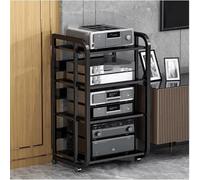 Sturdy 4-Tier Audio Rack with Wheels, Adjustable Steel & Wood Stereo Stand for Audio Equipment, Open Design, Modern Nero Finish - Perfect for Home & Studio Use