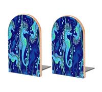 Sturdy Bookend Blue Sea Horse 2 Thickened Bookends s Wooden Storage Bookshelf, Suitable For Home, Office, Study Room, School, Library