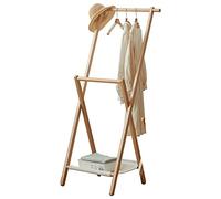 Sturdy & Elegant Freestanding Coat Rack with Double Rail & Fabric Shelf, 147 cm Tall, Solid Wood, Perfect for Bedroom, 69 x 49.5 x 147 cm, Space-Saving Design