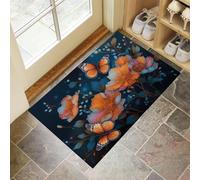 Sturdy Front Entrance Doormats, Flowers And Butterflies Welcome Mat, Fantasy Plants Non Slip Easy Clean Entryway Mat Suitable For Bathroom, Living Room Kitchen 50 X 80 Cm, Dark Blue