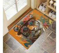Sturdy Front Entrance Doormats,Funny Tiger Welcome Mat, Tropical Flowers Non Slip Easy Clean Entryway Mat Suitable For Bathroom, Living Room Kitchen 50 X 80 Cm, Orange Color