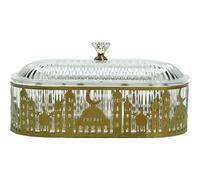 Sturdy Gold Ramadan Tray with Lid Anti-Rust Metal Eid Mubarak Plates for Food Serving 18cm Candy Dish Storage Jar for Dates and Nuts Decorative Centerpiece for Home (A)