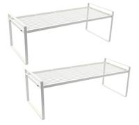 Sturdy Metal Stackable Storage Shelves - Set of 2, 36cm Height, Ideal for Home, Office, Countertop, Pantry, Under Sink, White