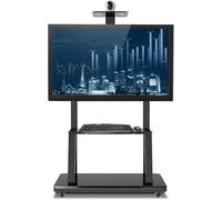 Sturdy Rolling TV Stand for 55-75 Inch Displays Heavy Duty Black Trolley with Lockable Wheels & 2 Trays Perfect for Conference Room & Classroom Use