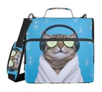 Sturdy Zipper Binder with Shoulder Strap & Handle Multi-Pocket 1.5 Inch 3 Ringing Portfolio Binder Bag Home Travel Cards Storage Container Kitten Spa with Headphones