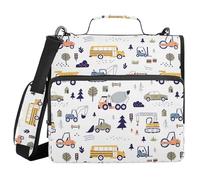 Sturdy Zipper Binder with Shoulder Strap Laege Capacity 1.5 Inch 3 Ringing Storage Bag Portfolio Binder Stationery Supplies Construction Vehicles