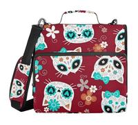 Sturdy Zipper Binder with Shoulder Strap Laege Capacity 1.5 Inch 3 Ringing Storage Bag Portfolio Binder Document Storage Red Sugar Skull Cat Pattern