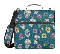 Sturdy Zipper Binder with Shoulder Strap Waterproof 1.5 Inch 3 Ringing Storage Bag Portfolio Binder Paperwork Business Colorful Sugar Skull and Flower Pattern