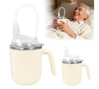 sturion Adult Sippy Cup, 450ml Stainless Steel Drinking Cup with Handle, Spill-Resistant Lid, 3-in-1 Design with Long Straw, Easy-Hold Cup for Seniors, Home and Daily Use, Beige