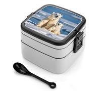STVNKML 2 Polar Bears Bento Box with Spoon & Handle - 2 Compartment Leak-Proof Stackable Lunch Box for Adults, BPA-Free Reusable Food Containers for Work, Travel, Picnic