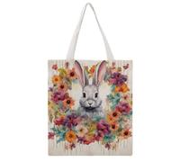 STVNKML 3D Basketball Canvas Tote Bag for Women - Cute Stylish Shoulder Bag, Reusable Shopping Bags for Daily, Watercolor Rabbit and Flowers, 38x41cm