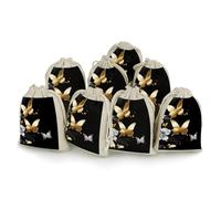 STVNKML 8-Pack Gold White Butterflies Black Drawstring Gift Bags Cotton Linen Party Favors Bags for Decorated Event Favors