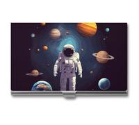STVNKML Astronaut Solar System Planets Business Card Holder Slim Metal Business Card Organizer Aluminum Alloy Card Box Professional Card Holders Wallet for Men & Women (Buckle Style)