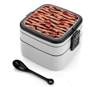 STVNKML Bacon Pattern Bento Box with Spoon & Handle - 2 Compartment Leak-Proof Stackable Lunch Box for Adults, BPA-Free Reusable Food Containers for Work, Travel, Picnic