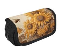 STVNKML Bees And Sunflowers on Old Paper Pencil Case Organizer - Large Capacity 3 Compartment Pencil Pouch for Adults, Portable Makeup Bag & Aesthetic Stationery Bag with Zipper (8.7x4.3) Unisex Gift