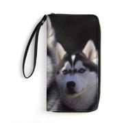 STVNKML Bees And Sunflowers on Old Paper Womens Wallet PU Leather Zip Around Wallet Clutch Wristlet Travel Long Purse for Women Card Organizer, Husky Dog, 19.7x10.5cm, Modern