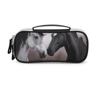 STVNKML Black And White Horses Pencil Case - PU Leather Pencil Bag Multifunctional Zipper Pouch Bags Small Makeup & Stationery Organizer for Office, Travel, Men & Women (8.3x4.3x1.8in