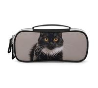 STVNKML Black Cat with White Pencil Case - PU Leather Pencil Bag Multifunctional Zipper Pouch Bags Small Makeup & Stationery Organizer for Office, Travel, Men & Women (8.3x4.3x1.8in