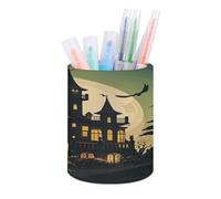 STVNKML Black Haunted Mansion Pen Holder, Pencil Holder for Desk, PU Leather Desktop Pen Cup Storage, Round Desk Pencil Pens Organizer, Makeup Brush Holder for Home Office