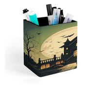 STVNKML Black Haunted Mansion Pen Holder, Pencil Holder for Desk, PU Leather Desktop Pen Cup Storage, Square Desk Pencil Pens Organizer, Makeup Brush Holder for Home Office