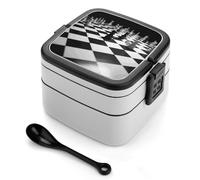 STVNKML Black White Chess Checkerboard Bento Box with Spoon & Handle - 2 Compartment Leak-Proof Stackable Lunch Box for Adults, BPA-Free Reusable Food Containers for Work, Travel, Picnic