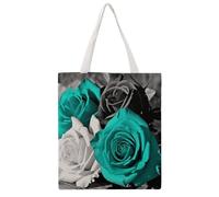 STVNKML Black White Teal Gray Rose Flowers Canvas Tote Bag for Women Cute Stylish Shoulder Bag Reusable Shopping Bags for Daily