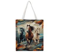 STVNKML Blue And Green Flowers Canvas Tote Bag for Women - Cute Stylish Shoulder Bag, Reusable Shopping Bags for Daily, A Pattern With Horses as a Background, 38x41cm