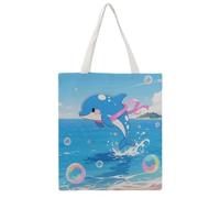 STVNKML Blue Dolphin Canvas Tote Bag for Women Cute Stylish Shoulder Bag Reusable Shopping Bags for Daily