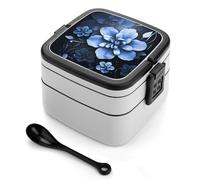 STVNKML Blue Flower Bento Box with Spoon & Handle - 2 Compartment Leak-Proof Stackable Lunch Box for Adults, BPA-Free Reusable Food Containers for Work, Travel, Picnic