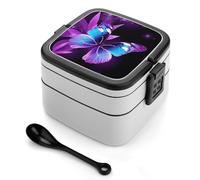 STVNKML Blue Purple Butterfly Bento Box with Spoon & Handle - 2 Compartment Leak-Proof Stackable Lunch Box for Adults, BPA-Free Reusable Food Containers for Work, Travel, Picnic