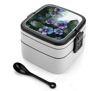 STVNKML Blue Purple Flowers And Green Leaves Bento Box with Spoon & Handle - 2 Compartment Leak-Proof Stackable Lunch Box for Adults, BPA-Free Reusable Food Containers for Work, Travel, Picnic