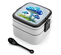 STVNKML Cartoon Blue Mushroom Bento Box with Spoon & Handle - 2 Compartment Leak-Proof Stackable Lunch Box for Adults, BPA-Free Reusable Food Containers for Work, Travel, Picnic