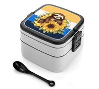 STVNKML Cartoon Sloth Sitting on Sunflower Bento Box with Spoon & Handle - 2 Compartment Leak-Proof Stackable Lunch Box for Adults, BPA-Free Reusable Food Containers for Work, Travel, Picnic