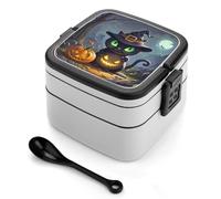 STVNKML Cat Halloween Bento Box with Spoon & Handle - 2 Compartment Leak-Proof Stackable Lunch Box for Adults, BPA-Free Reusable Food Containers for Work, Travel, Picnic