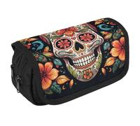 STVNKML Colorful Sugar Skull Pencil Case Organizer - Large Capacity 3 Compartment Pencil Pouch for Adults, Portable Makeup Bag & Aesthetic Stationery Bag with Zipper (8.7x4.3) Unisex Gift