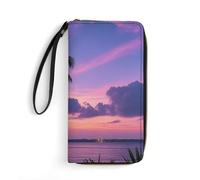 STVNKML Flamingo And Swimming Pool Womens Wallet Leather Coin Purse Clutch Wristlet Travel Long Wallets Card Organizer, Palm Tree Purple Sunset, 19.7x10.5cm
