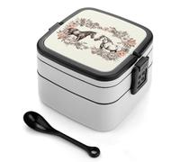 STVNKML Flowers And Horses Hand Drawn Bento Box with Spoon & Handle - 2 Compartment Leak-Proof Stackable Lunch Box for Adults, BPA-Free Reusable Food Containers for Work, Travel, Picnic