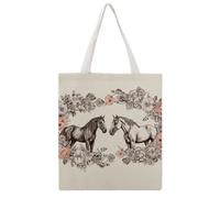 STVNKML Flowers And Horses Hand Drawn Canvas Tote Bag for Women Cute Stylish Shoulder Bag Reusable Shopping Bags for Daily