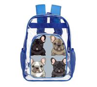 STVNKML French Bulldog Clear Backpack Heavy Duty PVC Transparent Bag, Blue | Waterproof See Through Backpack with Padded Straps & Side Pockets for Concerts, Festivals, Travel, Security Check