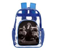 STVNKML French Bulldog Clear Backpack Heavy Duty PVC Transparent Bag, Blue | Waterproof See Through Backpack with Padded Straps & Side Pockets for Concerts, Festivals, Travel, Security Check