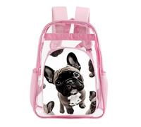STVNKML French Bulldog Clear Backpack Heavy Duty PVC Transparent Bag, Pink | Waterproof See Through Backpack with Padded Straps & Side Pockets for Concerts, Festivals, Travel, Security Check