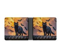 STVNKML French Bulldog Leather Bifold Wallet with 2 Hidden Pockets 6 Card Slots Slim Wallets for Cash, Cards, And ID, The black cat is pacing on the roof, One Size, Modern